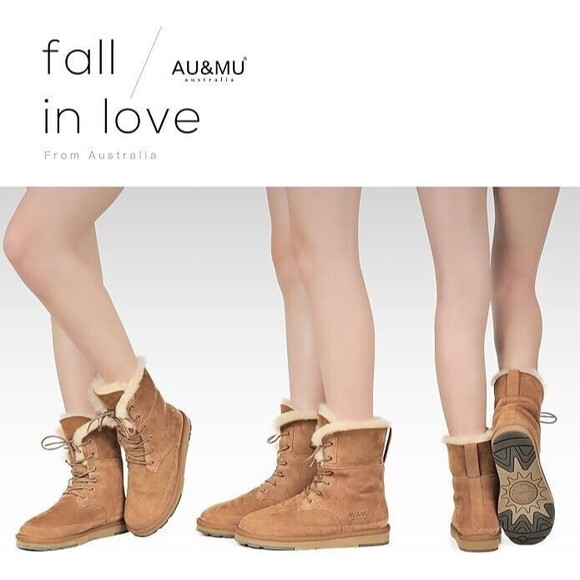 AU&MU Shearling Leather Sheepskin Lace up Mid Calf Fur Warm Boots Chestnut 8 EUC - Picture 2 of 16